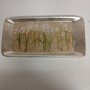 Orchids & Narcissus Gray Gold Floral Print Vanity Tray 12.25" x 6.25" Ceramic
